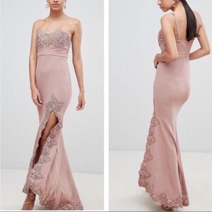 Asos Love Triangle Lace Trim Bandeau Maxi Dress With Slit